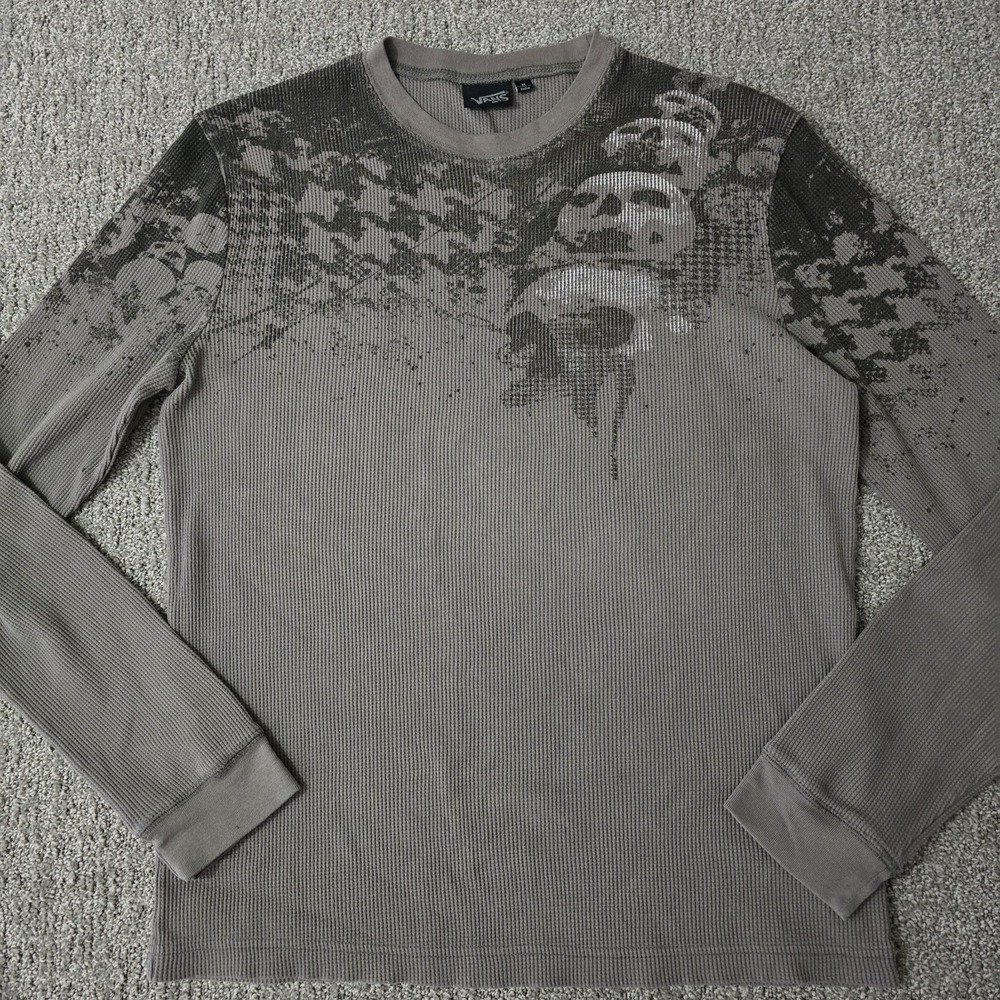 Vans Skull Graphic Sweater Y2K Waffle Knit Pullover Mens Medium Gray